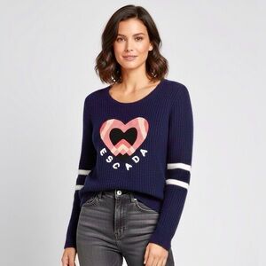 Vintage ESCADA Mohair Wool Sweater M/L Navy Ribbed Embroidered‎ Pink Heart RARE